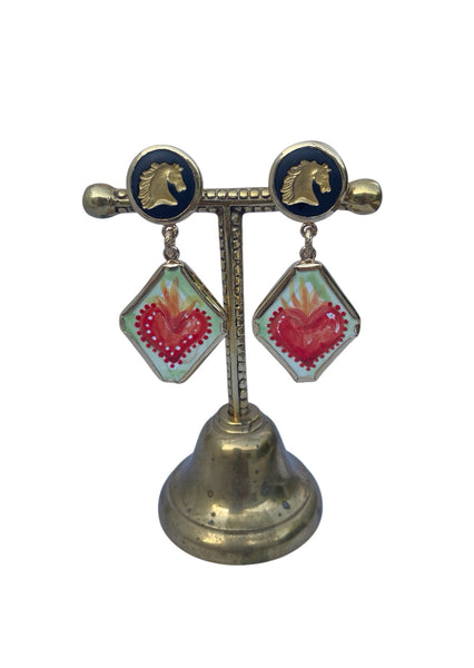 Flaming hearts and fire horse earrings